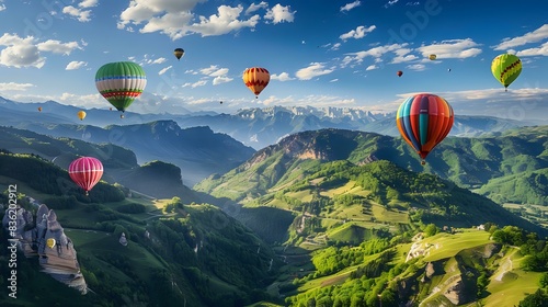 a sky view having different colored hot-air balloons in between the green mountains