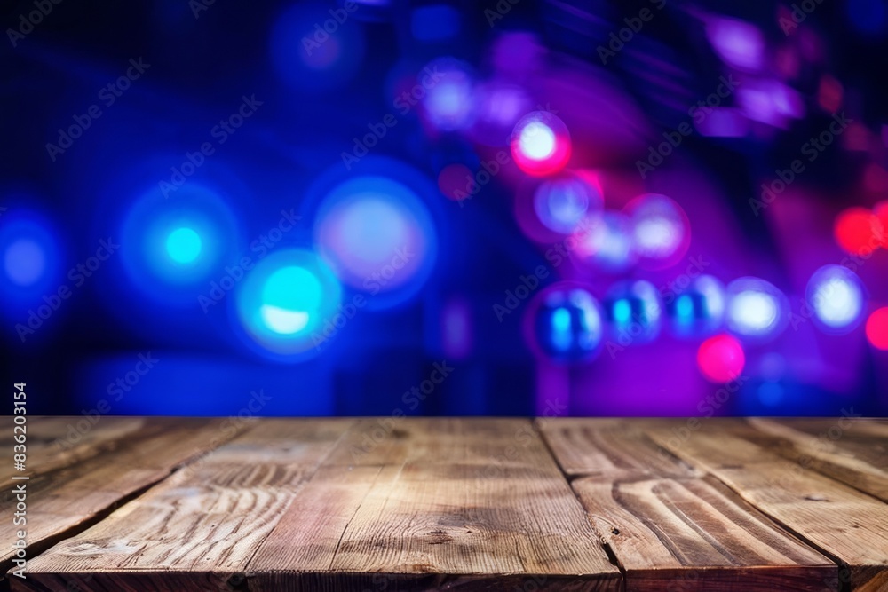 Empty wooden table surface with neon bokeh light backdrop Empty wooden table surface with neon bokeh light backdrop