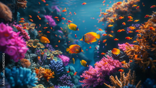 Colorful fish in underwater with coral reef