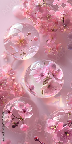 pink cherry blossoms in transparent glass balls, pink background, petal textures, soft lighting, water droplets floating on the flower petals, blooming flowers, dreamy and romantic atmosphere