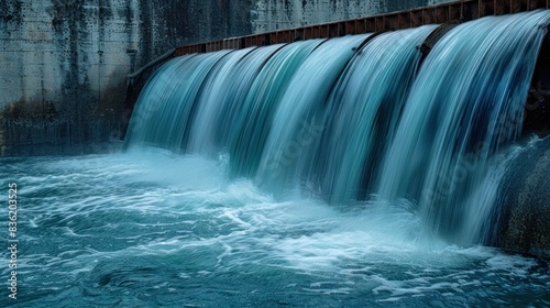 A close-up view of a rushing waterfall over a concrete dam