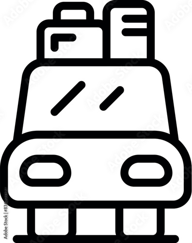 Simplistic line drawing of a frontfacing car with luggage on top, in black and white