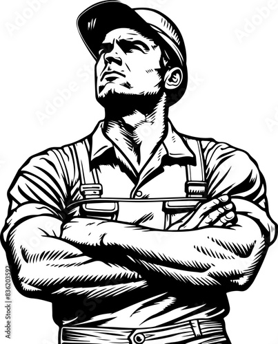 Black and White Illustration of Strong Worker, Symbolizing Determination
