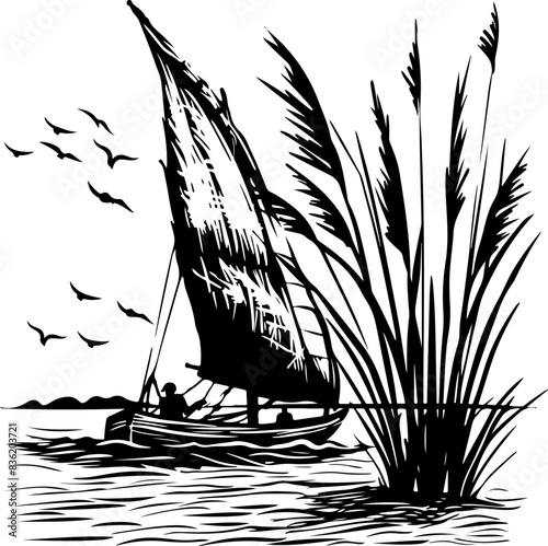 Traditional Egyptian Sailboat on the Nile with Birds and Reeds Silhouette