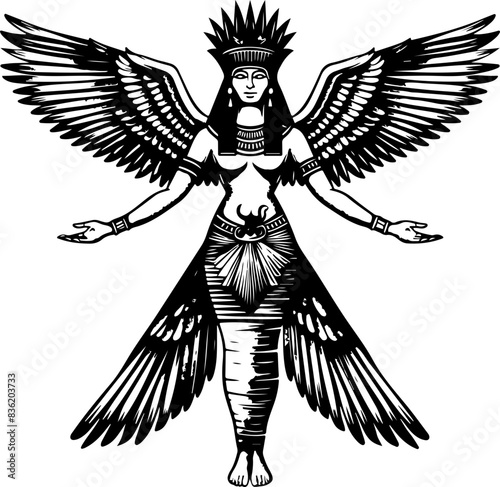 Egyptian Goddess Illustration with Outstretched Wings Representing Divine Power