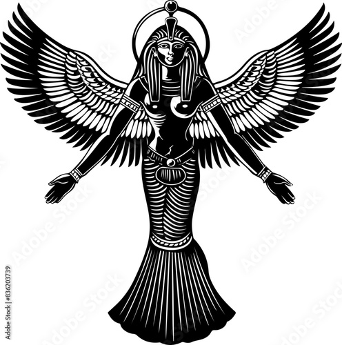 Black And White Egyptian Goddess With Wings Representing Divinity and Strength