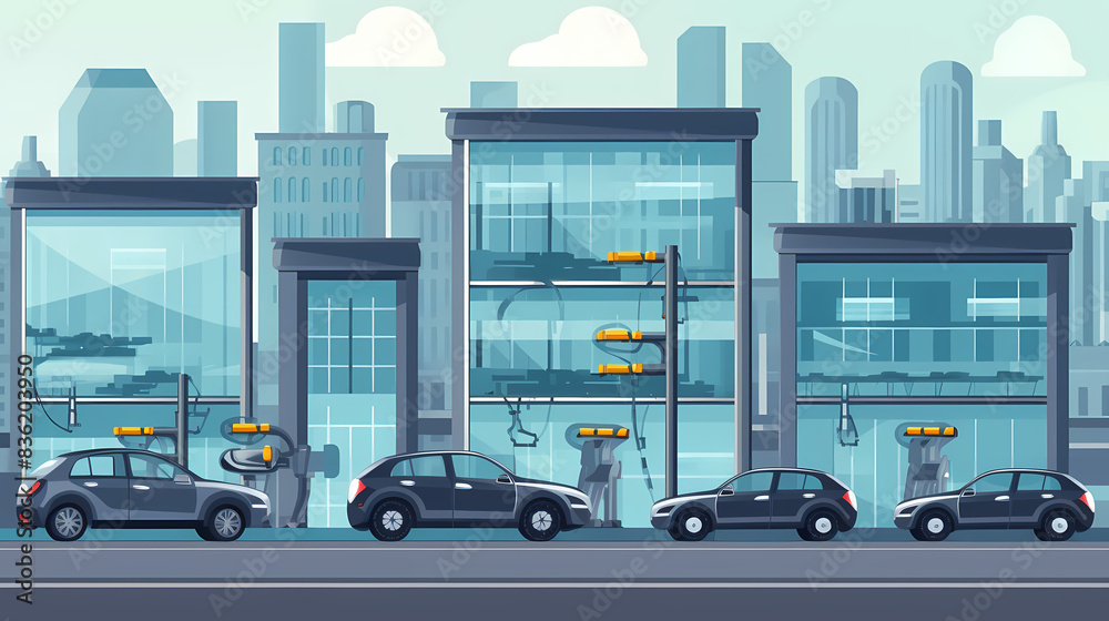 Fototapeta premium Robotized car factory cartoon concept vector image