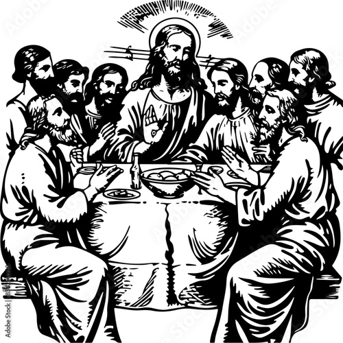Black and White Religious Illustration: The Last Supper Symbolism