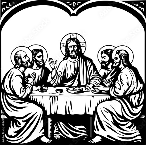 Black and White Religious Illustration: The Last Supper Symbolism