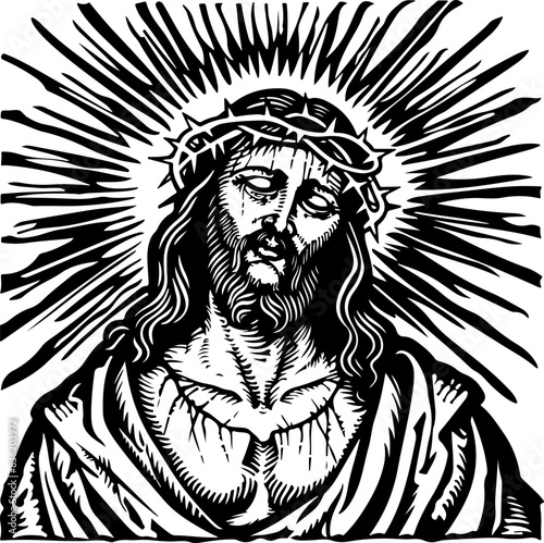 Woodcut Illustration of Jesus Christ with Radiant Halo and Crown of Thorns photo
