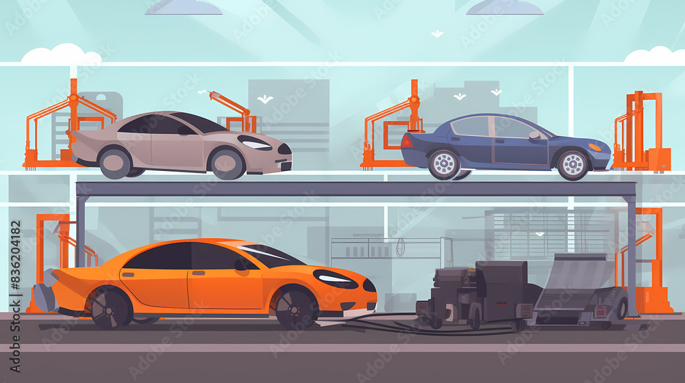 Naklejka premium Robotized car factory cartoon concept vector image