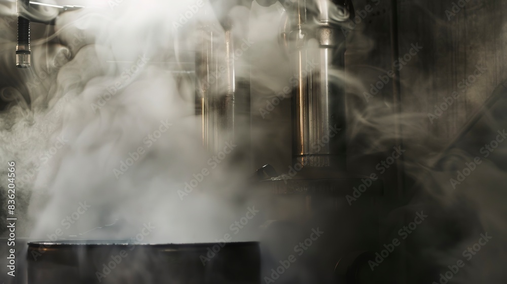 Fototapeta premium Macro of steam rising from a waste processing boiler, detailed focus on steam swirls, muted, ambient light.