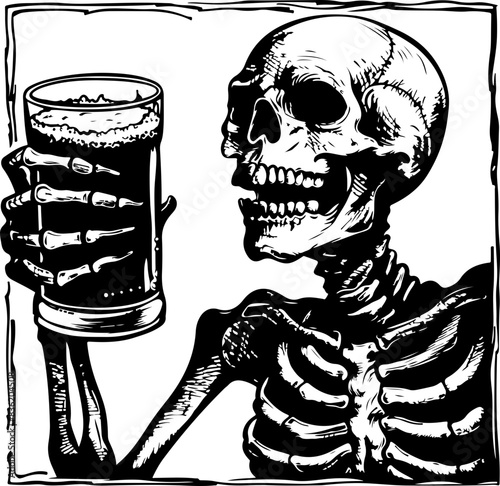 Black and White Skeleton Holding Beer Mug - Celebration of Life and Mortality