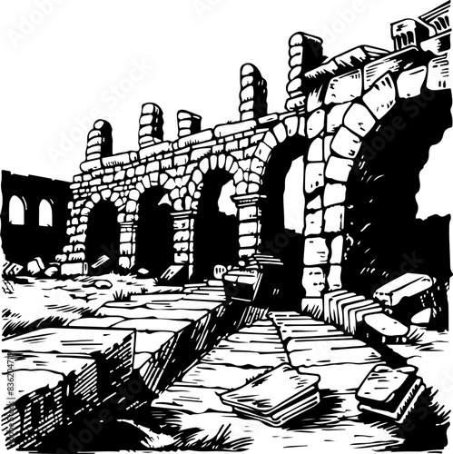 Black and White Illustration of Ancient Ruins Symbolizing History and Decay