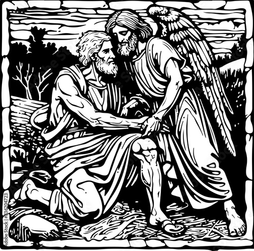 Classic Religious Woodcut of Human and Angel