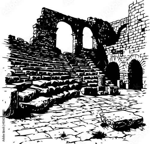 Black and White Illustration of Ancient Ruins and Archways, Symbolizing History and Decay