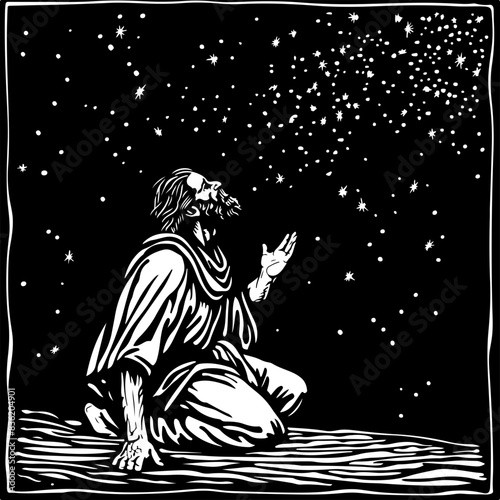 Woodcut Illustration of Man Gazing at Night Sky Contemplating Universe
