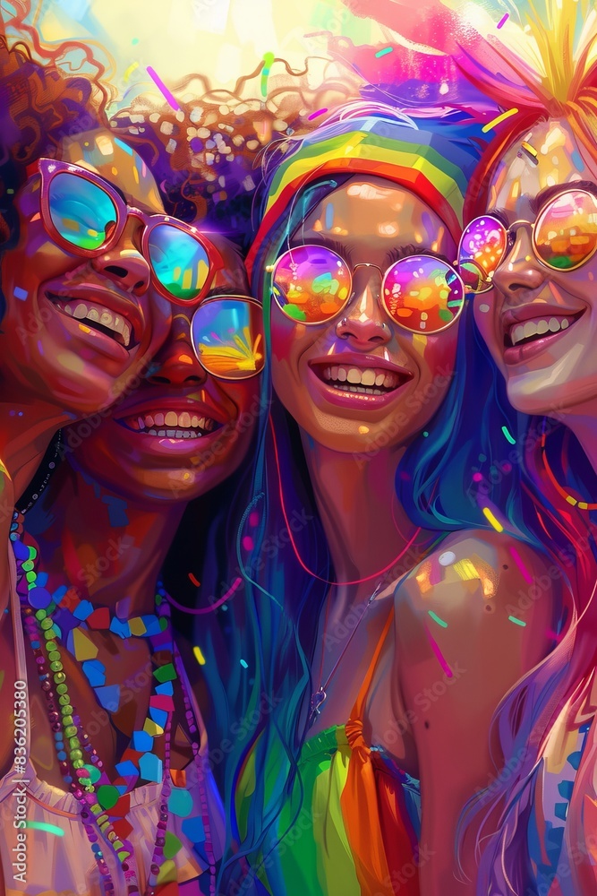Obraz premium Celebrating Diversity: Happy Friends at Pride Event with Rainbow Accessories Smiling Brightly