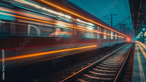 a train moving at morning, with light trail, 8k uhd