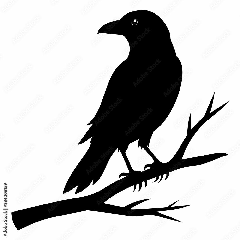Obraz premium Crow setting on a branch vector silhouette illustration