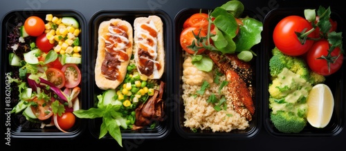 Delicious cooked meals served in eco-friendly paper containers for home or office deliveries, featuring vegetable and fruit salads alongside tasty noodles. Includes copy space image. © Ilgun