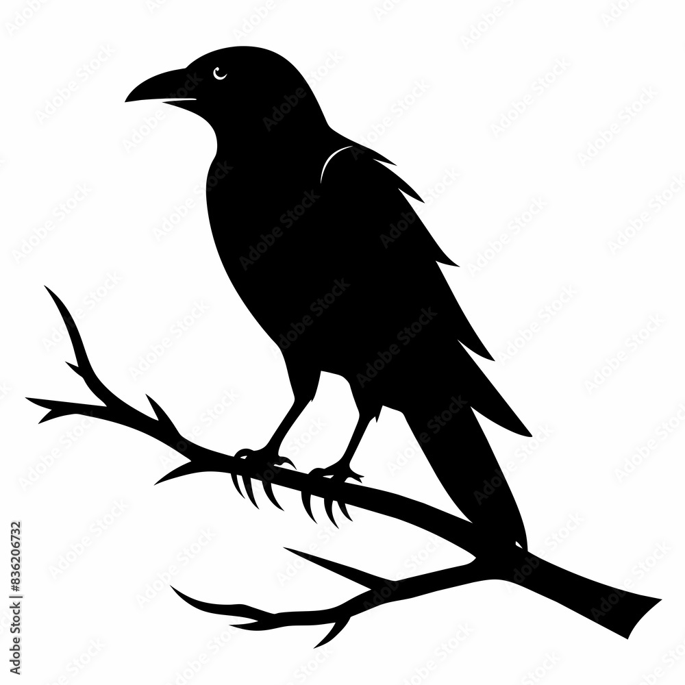 Fototapeta premium Crow setting on a branch vector silhouette illustration 