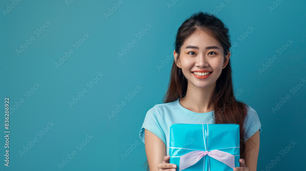 charming woman is holding a blue present with a pink bow charming woman is holding a blue present with a pink bow