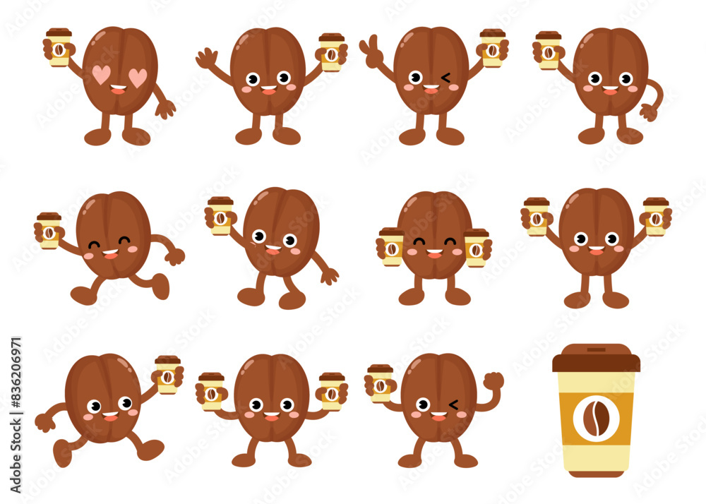 Fototapeta premium Funny coffee bean Holding Coffee Cup