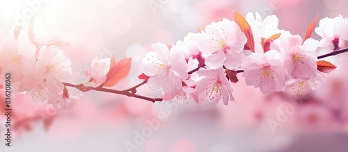 Abstract spring background with a macro cherry blossom branch on a green backdrop, suitable for celebrations like Passover, Women's Day, Easter, birthdays © Ilgun