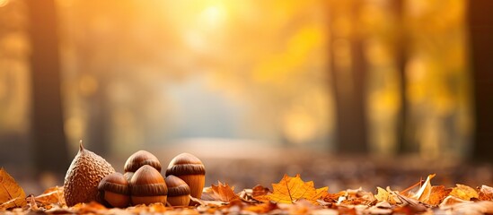 Acrylglasbilder Orange Autumn park with oak tree's yellow leaves, creating a picturesque fall background. A beautiful landscape with a copy space image.  © Ilgun