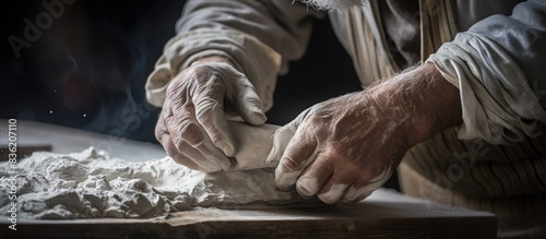 Artist's hands sculpt marble with hammer and chisel in a close-up view with copy space image. photo