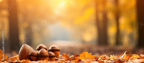 Fototapeta Naklejka Na Ścianę i Meble -  Autumn park with oak tree's yellow leaves, creating a picturesque fall background. A beautiful landscape with a copy space image.