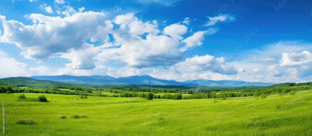 Early morning scene of a serene greenfield with a mountain landscape in the background, ideal for including copy space image. Early morning scene of a serene greenfield with a mountain landscape in the background, ideal for including copy space image.