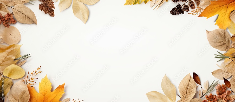 Top view of a fall-themed arrangement of leaves on a white background with copy space image for a minimalist Instagram-inspired flat lay concept.