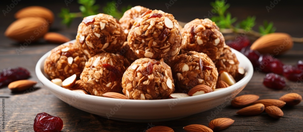 Homemade energy balls featuring cranberries, nuts, dates, and oats on parchment with a horizontal copy space image. Homemade energy balls featuring cranberries, nuts, dates, and oats on parchment with a horizontal copy space image.