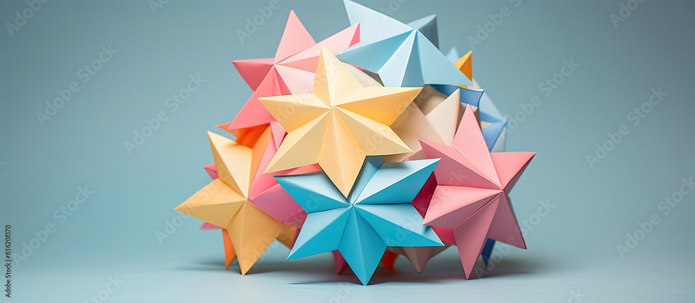 A collection of vibrant handmade origami balls, known as Kusudama, arranged against a blue backdrop. The image showcases the intricate art of paper folding with a close-up view and space for text A collection of vibrant handmade origami balls, known as Kusudama, arranged against a blue backdrop. The image showcases the intricate art of paper folding with a close-up view and space for text
