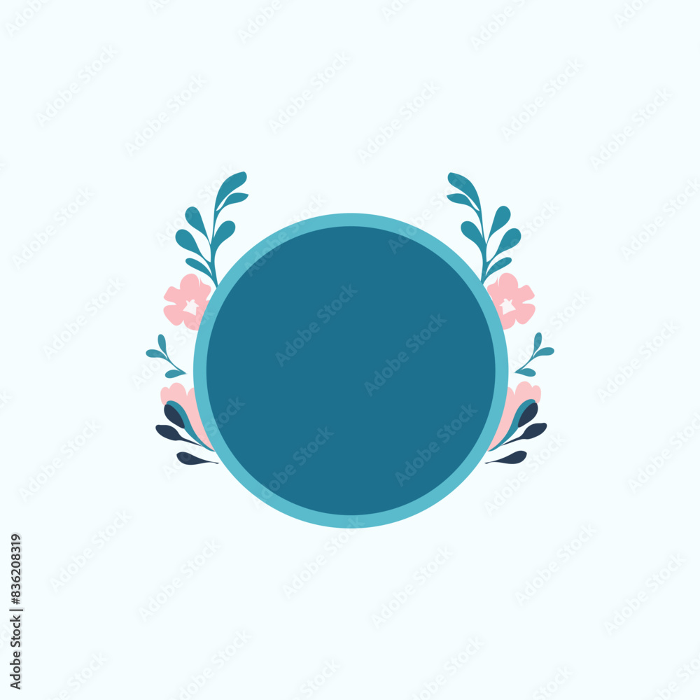 Obraz premium Blue circle with flowers and leaves on a white background 