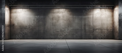 Empty garage interior with a dark concrete wall and a plain floor, perfect for a copy space image. © Ilgun
