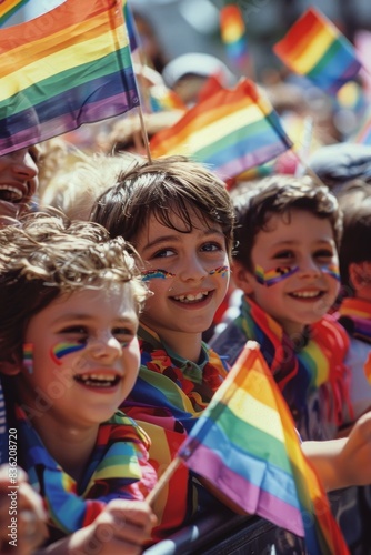 Celebrating Diversity: Happy Family at Pride Event with Children Holding Flags and Proud Parents Smiling