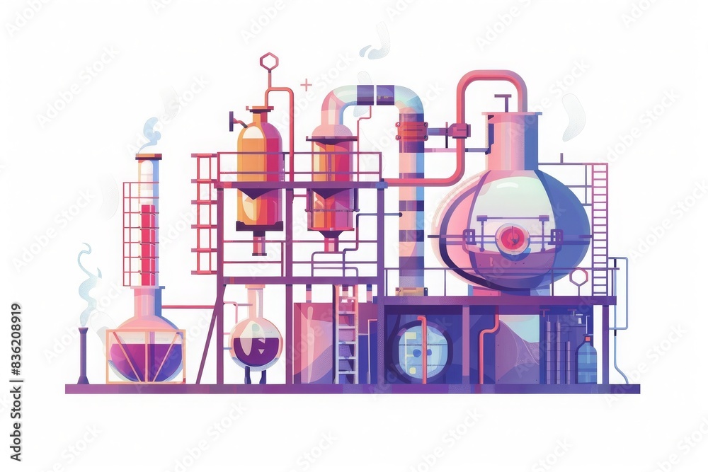 Colorful illustration of a modern chemical plant with various equipment and machinery used for industrial processes and scientific research. Colorful illustration of a modern chemical plant with various equipment and machinery used for industrial processes and scientific research.