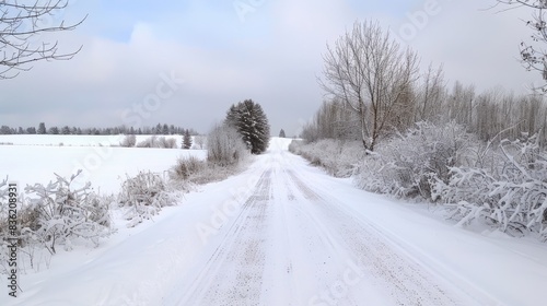 Snow covered rural road with wooded area in the distance © TheWaterMeloonProjec