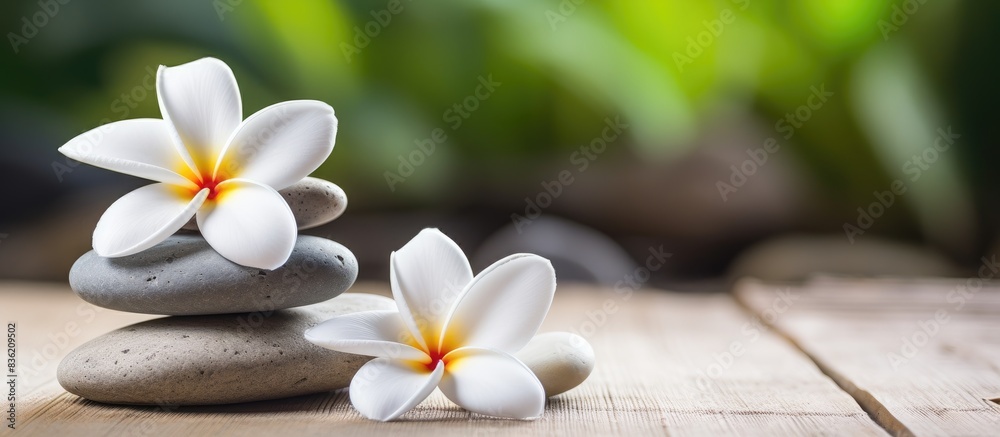 Zen stones and a red plumeria flower symbolizing harmony and inner peace against a blurred background, embodying holistic well-being of body, mind, and soul in a copy space image. Zen stones and a red plumeria flower symbolizing harmony and inner peace against a blurred background, embodying holistic well-being of body, mind, and soul in a copy space image.