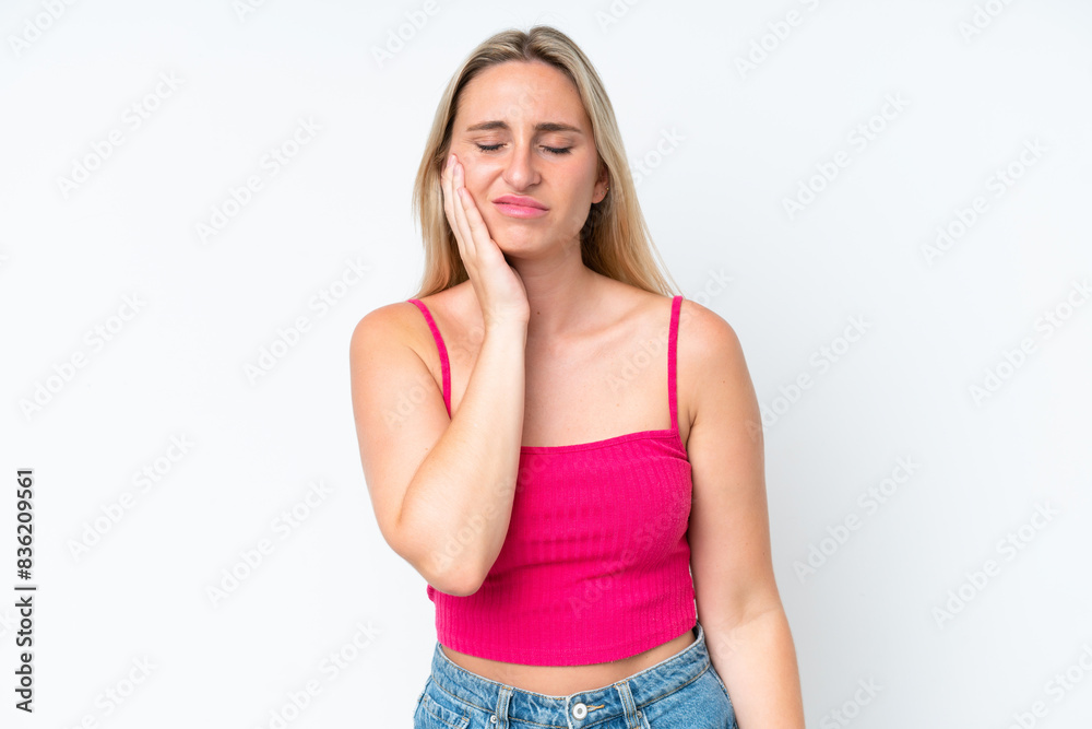Young caucasian woman isolated on white background with toothache Young caucasian woman isolated on white background with toothache