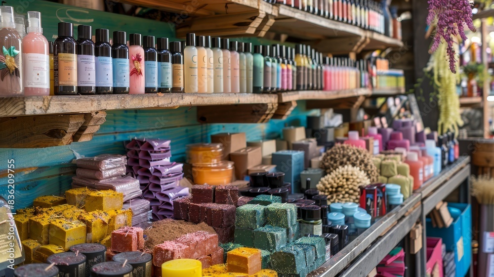 A vibrant marketplace stall overflowing with handmade, organic cosmetic products generated by AI