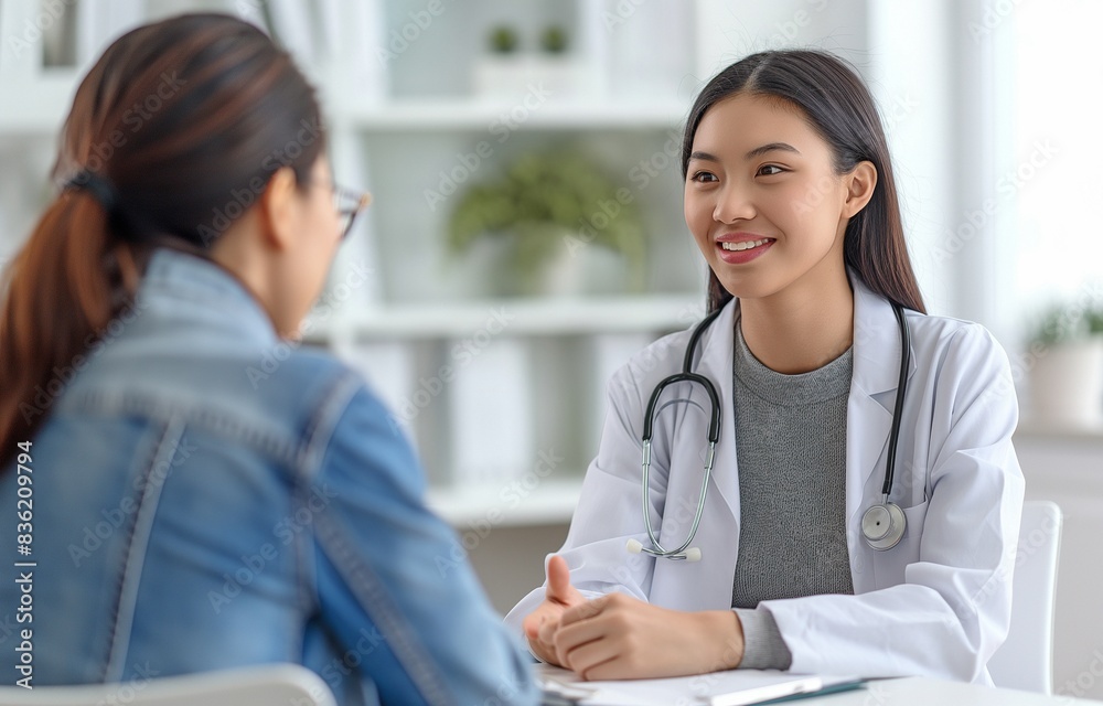 Asian woman patient visits and discusses health issues with a young physician Asian woman patient visits and discusses health issues with a young physician