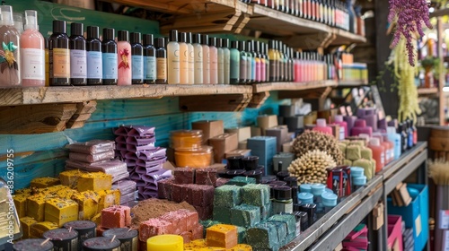 A vibrant marketplace stall overflowing with handmade  organic cosmetic products generated by AI
