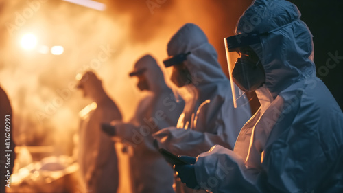 Wallpaper Mural People in hazmat suits and face shields using devices in a smoky, orange-lit environment. Medical and safety equipment concept. Design for poster, banner, header Torontodigital.ca