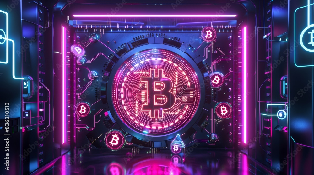 A futuristic vault of digital circuits and glowing coins, enveloped in neon lights, showcasing advanced tech and secure wealth. A futuristic vault of digital circuits and glowing coins, enveloped in neon lights, showcasing advanced tech and secure wealth.