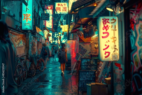 Wallpaper Mural Neon Lights Reflecting on Wet Pavement in a Japanese Alleyway Torontodigital.ca