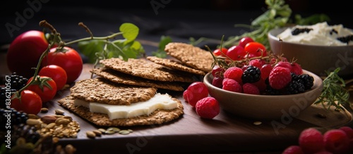 Wholegrain rye crispbread crackers topped with ricotta cheese and fresh blueberries on a bright background with copy space image.